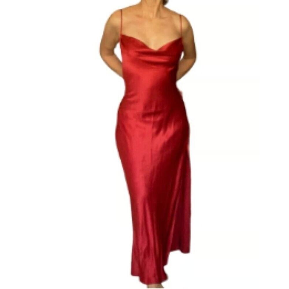 Victoria's Secret Silk Slip Gown Maxi Dress Cowl Neck Side Slit Scoop Back Red M